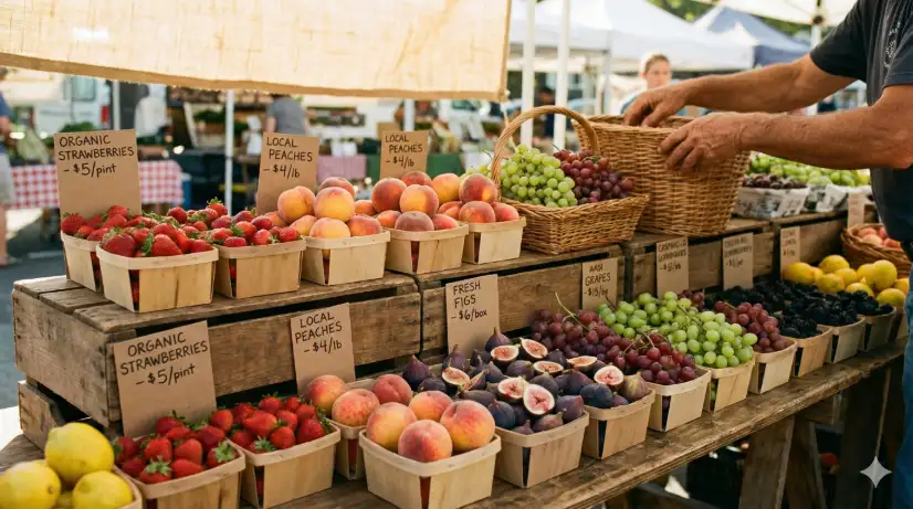 Create a realistic photo of a vibrant farmers market fruit stand display shot at eye level. Wooden crates and wicker baskets are stacked and arranged on a rustic table, overflowing with fresh seasonal produce including bright red strawberries, golden peaches with a soft fuzz visible, deep purple figs split open to show their pink interior, bunches of green and red grapes, plump blackberries, and stacks of ripe lemons. Small handwritten price tags on brown kraft paper are clipped to the crates. The vendor's hands are visible in the background arranging a basket. The camera is at eye level, focused on the front row of fruit with a shallow depth of field that softly blurs the back rows and the market activity behind. Warm, golden late morning sunlight filtering through a canvas market canopy. Rich, natural, vibrant color palette. Shot with a 35mm lens. Use aspect ratio 16:9.