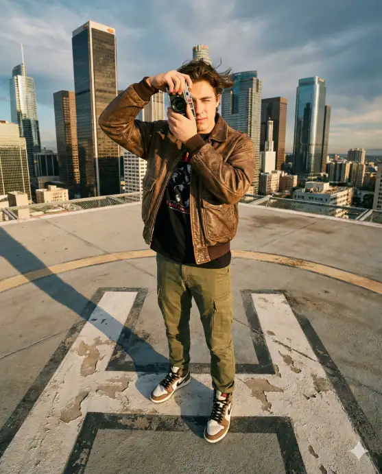 Create a photo of a young man standing on a rooftop helipad marking, feet apart in a wide stance, holding a vintage film camera up to his eye as if taking a photo. He is wearing a brown leather bomber jacket over a black graphic tee, slim olive cargo pants, and retro high-top sneakers. The wind is catching his jacket slightly. The background is a dramatic view of a downtown financial district with glass towers reflecting the late afternoon sun, shot from a high elevation. The camera angle is from below at knee height, looking up powerfully. Golden warm light with strong shadows and contrast. Shot with a 24mm wide-angle lens. Use aspect ratio 4:5.