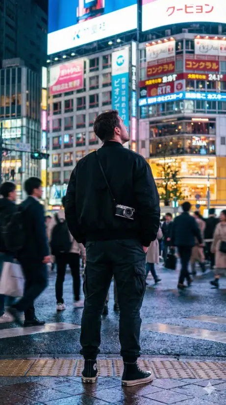Create a cinematic travel photo of a man standing at the edge of a busy crosswalk in Shibuya, Tokyo at night, waiting for the light to change. He is wearing a black oversized bomber jacket, dark cargo pants, and black high-top sneakers with a small camera hanging from his neck by a strap. His hands are in his jacket pockets and he is looking upward at the towering illuminated billboards with a look of quiet awe. Crowds of blurred pedestrians move around him on both sides. The background is filled with massive glowing neon signs in Japanese script, bright LED screens, and reflections on the wet pavement from recent rain. The camera is behind him at shoulder height. Vivid neon blues, pinks, and warm yellows dominate the palette. Shot with a 35mm lens, shallow depth of field, cinematic night street photography. Use aspect ratio 9:16.