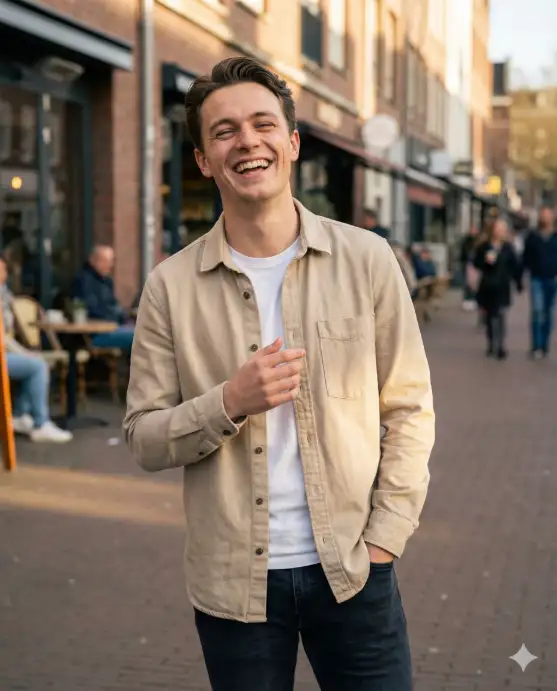 Create a candid laughing portrait of a young man captured mid-laughter, head slightly tilted back, eyes half-closed, showing natural teeth and smile lines. He is standing casually with one hand in his pocket and the other slightly raised as if reacting to a joke. He is wearing a relaxed-fit beige overshirt layered over a white t-shirt, dark slim jeans, and clean white sneakers. Shot from chest-up with a shallow depth of field using a 50mm lens look, slightly low camera angle for confidence. Natural sunlight coming from the side creates soft highlights on his face. Background is an urban street with blurred cafes and warm tones, creating a modern Instagram aesthetic. Use aspect ratio 4:5.