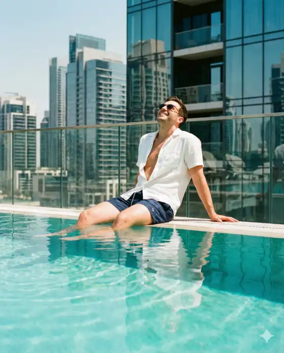 Create a photo of a man sitting on the edge of a rooftop pool with his feet dangling in the turquoise water, leaning back on both hands and looking upward at the sky. He is wearing a crisp white linen short-sleeve shirt unbuttoned halfway and navy swim shorts. His sunglasses are pushed up on his forehead. The background shows a luxury urban skyline with modern glass towers and a clear blue sky. Reflections of the buildings shimmer in the pool water. The camera is at water level, shooting across the pool surface toward him with beautiful water reflections in the foreground. Bright, vibrant summer tones with teal and warm highlights. Shot with a 35mm lens. Use aspect ratio 4:5.