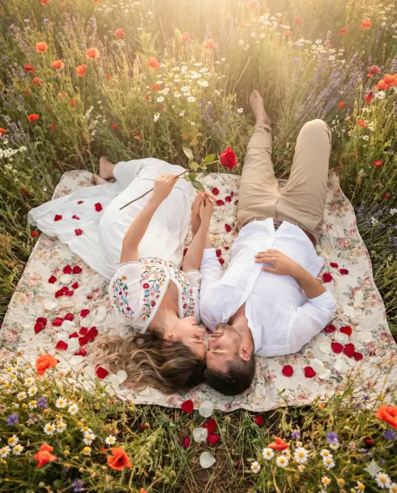 Create a dreamy photo of a couple lying on a blanket in a field of wildflowers during sunset, surrounded by scattered red and white rose petals. The woman wears a flowing white bohemian maxi dress with floral embroidery. The man wears khaki pants and a white linen shirt. Shot from directly above looking down at the couple. Soft golden hour sunlight creates a warm, ethereal glow. The couple lies head to head forming a heart shape with their bodies, both holding a single red rose together above them. Romantic and airy editing with soft focus and dreamy highlights. Use aspect ratio 4:5