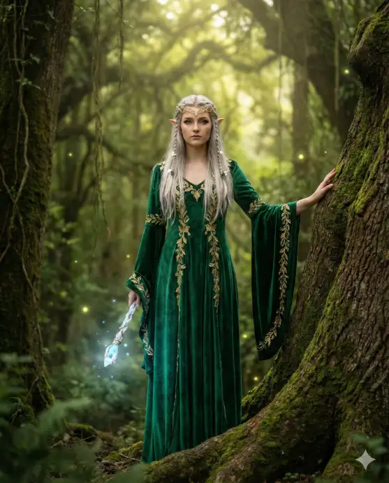 Create a photo of a young woman standing in the center of an ancient enchanted forest, posed with perfect posture, one hand resting on the trunk of a massive moss-covered oak tree and the other holding a glowing crystal staff at her side. She is wearing a flowing emerald green velvet gown with intricate gold leaf embroidery along the neckline and sleeves, a delicate gold circlet on her forehead, and pointed prosthetic elf ears. Her long silver-blonde hair cascades over her shoulders with small braids woven with tiny white flowers. Her expression is calm and powerful, gazing directly into the camera. The background is a deep, lush forest with towering ancient trees, hanging vines, soft beams of sunlight piercing through the canopy, and faint glowing fireflies scattered in the air. The camera is at eye level, shooting straight on with a shallow depth of field. Soft, diffused golden-green light with a mystical, ethereal mood. Shot with an 85mm lens, editorial fantasy style. Use aspect ratio 4:5.