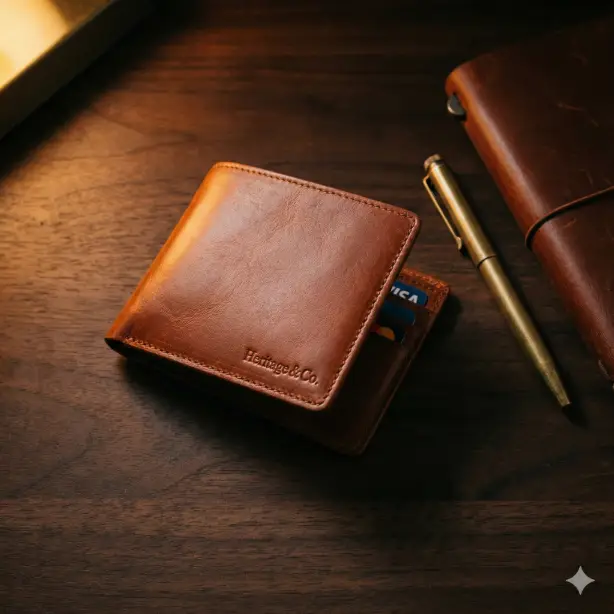 Create a product mockup of a slim bifold wallet made from full-grain Italian leather named "Heritage & Co. Classic Bifold" in a rich cognac brown with subtle embossed logo on the bottom corner, the wallet slightly open showing the card slots with a credit card peeking out, placed on a dark walnut desk beside a vintage brass pen and a leather-bound notebook, warm directional lighting from the upper left highlighting the leather's natural grain and texture, dark moody background with warm undertones, shot from a top-down angle at about 60 degrees, refined and masculine aesthetic with a palette of cognac, walnut brown, and brass gold, premium accessories photography style. Use aspect ratio 1:1.