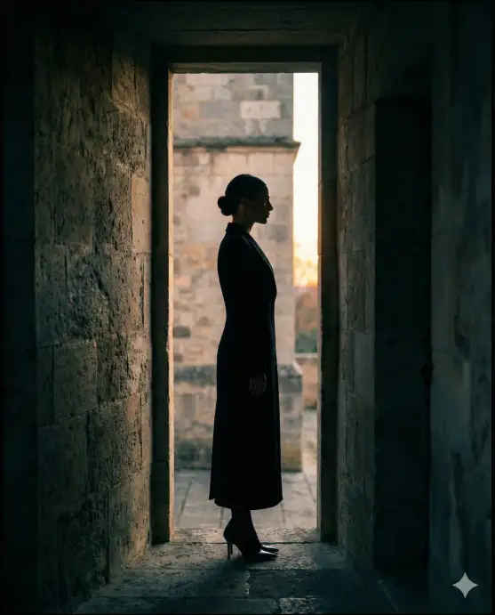 Create a silhouette photo of a young woman leaning her shoulder against a large floor-to-ceiling window at night, looking out. She is wearing an oversized knit sweater that falls off one shoulder and loose lounge pants, with her hair down and slightly tousled. Her figure is a dark silhouette against the bright city lights visible through the window, with hundreds of glowing windows from skyscrapers and distant neon signs creating a sparkling urban backdrop. Faint reflections of the lights appear on the glass surface. The room behind her is completely dark. The camera is inside the room, positioned at eye level and slightly off to the side. Cool blue and white tones from the city contrasted with the warm faint glow on her outline. Intimate, cinematic, contemplative mood. Shot with a 50mm lens, shallow depth of field. Use aspect ratio 4:5.