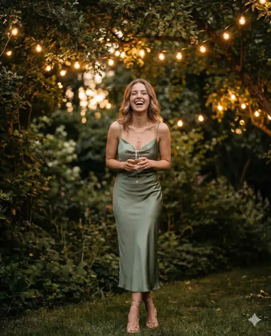 Create a photo of a young woman standing in a lush garden at dusk, softly lit by string lights draped through the trees above her. She is wearing a sage green satin slip midi dress with a low back and thin straps, strappy gold heeled sandals, and delicate layered gold necklaces. She is holding a glass of white wine and laughing naturally, looking slightly to the side. Her hair is down in soft waves. The camera is at chest height, slightly close, with a warm shallow depth of field. Background shows blurred garden greenery, warm fairy lights, and soft ambient light. Romantic, warm, editorial feel. Use aspect ratio 4:5.