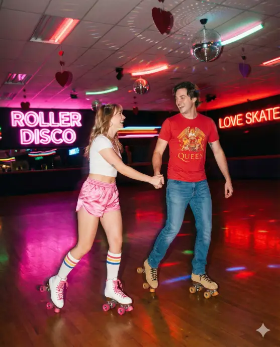 Create a playful photo of a couple in a retro roller skating rink with disco balls, neon lights, and heart decorations hanging from the ceiling. The woman wears high-waisted pink satin shorts, a white cropped tank top, striped knee-high socks, and white roller skates with pink wheels. The man wears fitted jeans, a red vintage band t-shirt, and classic tan roller skates. Shot from a low angle following them as they skate hand-in-hand. Colorful neon lighting creates vibrant pink and red tones with light streaks from motion. The couple glides together in sync, both looking at each other mid-laugh, the woman slightly ahead pulling the man along. Retro-inspired color grading with enhanced saturation and slight grain. Use aspect ratio 4:5.