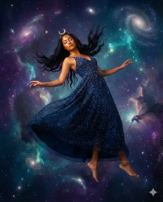 Create a photo of a woman floating in a vast cosmic void, her body slightly arched backward with arms extended gracefully to her sides and her hair flowing upward as if suspended in zero gravity. She is wearing a long midnight blue gown covered in tiny embedded crystals that mirror the stars around her, with a golden crescent moon headpiece and bare feet with gold anklets. Her skin has a soft warm glow, and her eyes are closed in peaceful meditation. The background is a deep space scene with vibrant nebulas in purple and teal, scattered bright stars, distant galaxies, and soft cosmic dust clouds. The camera is at a centered frontal angle, capturing her full figure floating in the void. Deep blues, rich purples, and warm gold accents with a luminous, celestial mood. Shot with a 50mm lens, surreal editorial composition. Use aspect ratio 4:5.