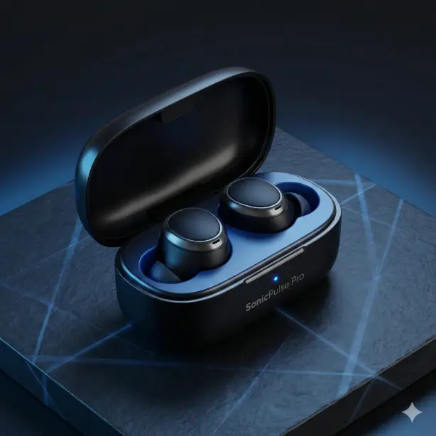 Create a product mockup of sleek matte black wireless earbuds named "SonicPulse Pro" resting inside their glossy charging case, the case slightly open revealing the earbuds nestled in contoured slots, placed on a dark slate surface with faint geometric light patterns reflecting off the surface, cool blue accent lighting from the left side highlighting the metallic trim on the earbuds, minimal dark background with a soft blue gradient, shot from a top-down angle at about 45 degrees, modern and tech-forward atmosphere with a color palette of deep black, steel gray, and electric blue, hyper-realistic 3D render style. Use aspect ratio 1:1.