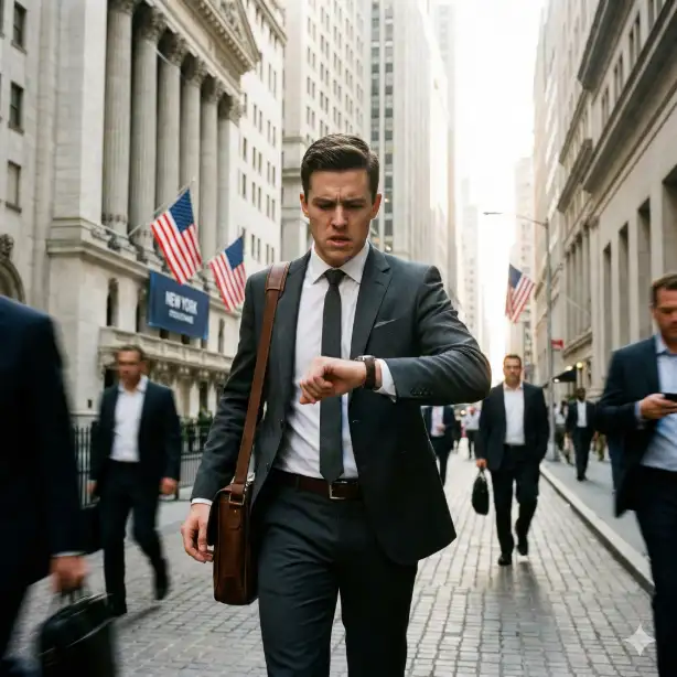 Create an intense street photograph of a young finance professional in his late 20s checking his watch while speed-walking down Wall Street. He wears a perfectly tailored charcoal suit, slim tie, polished oxford shoes, and carries a leather messenger bag. His expression shows focused determination with slight tension. Shot from a frontal angle at eye level while walking backward, the background features the grand columns of the New York Stock Exchange, American flags draped on the building, other suited professionals rushing past, and the narrow canyon of historic financial buildings. Early morning light streams between buildings creating dramatic contrast. Motion blur on passing figures emphasizes the urgency. Use aspect ratio 1:1.