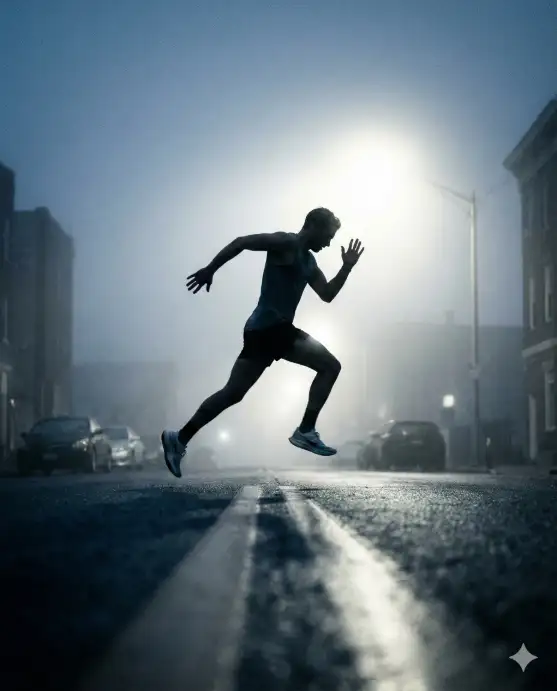 Create a silhouette photo of a male runner captured mid-sprint on a foggy city street in the early morning, one foot off the ground and arms pumping. He is wearing athletic shorts, a fitted tank top, and running shoes. The fog is thick and glowing from a distant bright streetlight behind him, creating a hazy halo effect around his entire body. The street is empty with faint outlines of parked cars and buildings on either side, all softened by the fog. The wet pavement reflects the light in long streaks. The camera is low, at ankle height, shooting upward to make the runner appear larger against the glowing mist. Cool blue and gray tones with high contrast and a gritty, dramatic mood. Shot with a 35mm lens. Use aspect ratio 4:5.