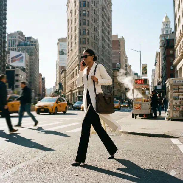 Create a dynamic street photograph of a confident businesswoman in her early 30s walking briskly past the iconic Flatiron Building during morning rush hour. She wears a structured white blazer, high-waisted black trousers, pointed-toe heels, and oversized black sunglasses. Her sleek low bun is perfectly styled, and she carries a laptop bag over one shoulder while holding a phone to her ear. Her stride is powerful and purposeful, coat slightly billowing. Shot from a low angle with the triangular Flatiron Building looming dramatically in the background, pedestrians blur past on either side. Morning sunlight creates sharp shadows on the pavement. A hot dog cart and newsstand add authentic NYC elements. Use aspect ratio 1:1.