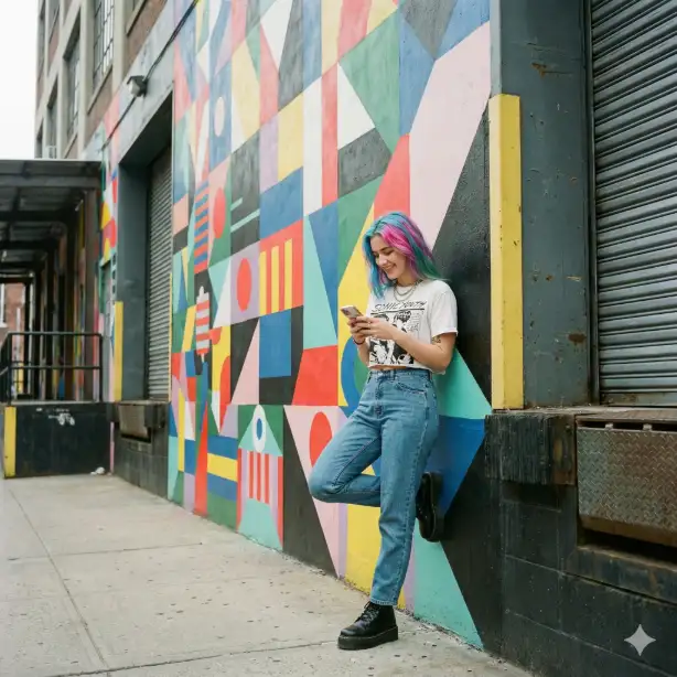 Create an artistic street photograph of a creative young woman with colorful dyed hair posing casually against a massive street mural in Williamsburg, Brooklyn. She wears vintage high-waisted mom jeans, a cropped graphic tee, platform Doc Martens, and layered silver necklaces. She leans back against the vibrant abstract mural with one knee bent, foot flat on the wall, scrolling through her phone with a relaxed expression. Shot straight-on at full body length, the colorful mural creates a dynamic backdrop of geometric shapes and bold colors. The industrial warehouse setting is visible at the edges with loading docks and metal doors. Overcast light provides even, flattering illumination. Use aspect ratio 1:1.