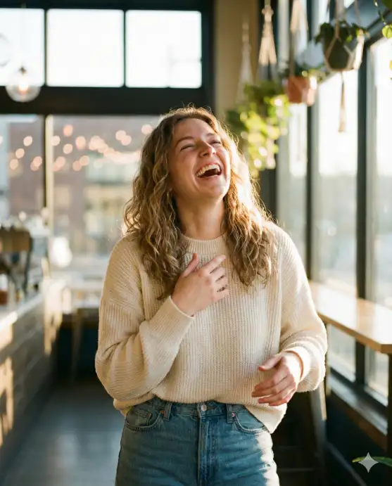 Create a candid portrait of a young woman in her mid-20s throwing her head back in genuine laughter, wearing a cream oversized knit sweater and high-waisted jeans, standing in a sun-drenched coffee shop with large windows. Her hands are naturally gesturing mid-conversation, one hand touching her chest. Shot from a slightly low angle at eye level, shallow depth of field with bokeh lights in the background. Golden hour lighting streaming through windows creates a warm glow on her face. Tousled wavy hair catches the light. Background shows blurred cafe interior with hanging plants. Use aspect ratio 4:5.