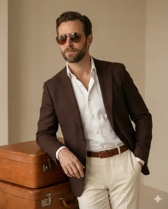 Create a sophisticated lifestyle portrait of a stylish man leaning casually against a vintage leather suitcase indoors. He is posed in a relaxed yet confident manner, one hand resting on the suitcase and the other tucked into the pocket of his tailored cream trousers. He wears a crisp white button-down shirt slightly open at the collar, paired with a rich brown textured blazer and a matching leather belt. His look is polished but effortless. He wears classic brown-tinted aviator sunglasses that reflect soft ambient light. His expression is calm and self-assured, gazing slightly off-camera, conveying quiet confidence and refined taste. The background is a smooth, neutral beige wall with soft gradients, minimal and distraction-free, emphasizing the subject and wardrobe. Color palette is warm and muted—earthy browns, creams, and soft whites—evoking a timeless, upscale aesthetic. The image feels like a high-end men's fashion editorial, luxury travel advertisement, or classic style magazine spread. Use aspect ratio 4:5.