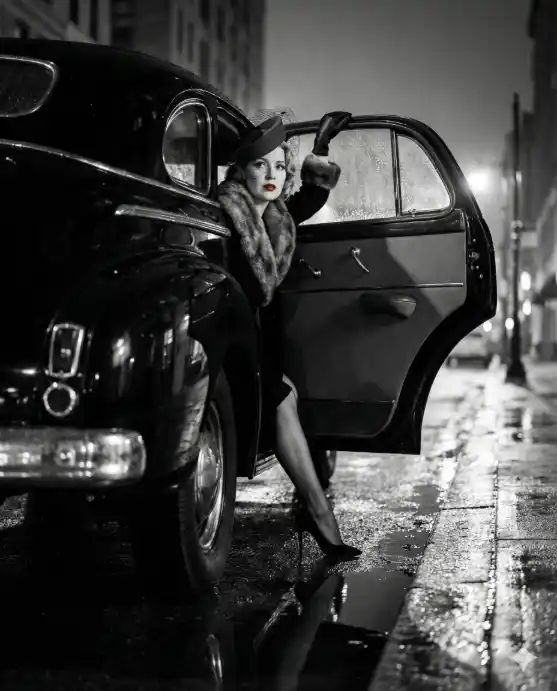 Create a black-and-white film noir photo of a woman stepping out of the back seat of a 1940s black sedan parked on a wet city street at night. One leg is extended out of the open car door, wearing a black stiletto heel, while her gloved hand grips the top of the door frame. She is wearing a fur-collared black coat over a form-fitting dark dress, with her hair tucked under a small angled hat with netting over her eyes. Her red lips are the only suggested color in the monochrome palette. The camera is at a low angle near the ground, looking up at her from beside the front tire. The car's chrome bumper reflects the streetlight, and puddles on the road mirror the scene above. Strong contrast with deep blacks, silver highlights on the car, and soft diffused light on her face. Shot with a 28mm wide-angle lens. Use aspect ratio 4:5.