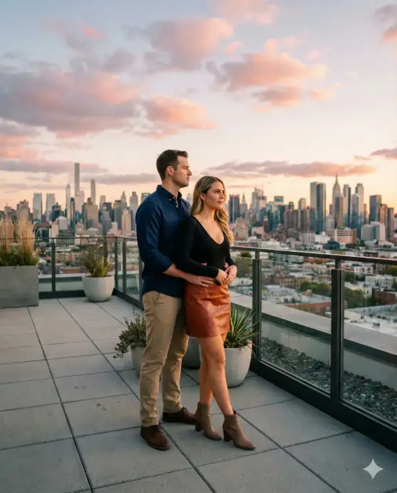 Create a photo of a couple standing together on a minimalist modern rooftop terrace, the man standing behind the woman with his arms wrapped around her waist. The woman is wearing a fitted black bodysuit tucked into a high-waisted rust-colored leather skirt with ankle boots, and the man is in a navy blue button-down shirt with rolled sleeves and tailored khaki pants. They are both looking toward the horizon with relaxed expressions. Behind them, a sprawling metropolitan skyline stretches across the frame under a dramatic sky with scattered clouds catching pink and orange sunset light. The camera is at eye level, slightly wide framing. Warm romantic tones with cinematic color grading. Shot with a 28mm lens. Use aspect ratio 4:5.