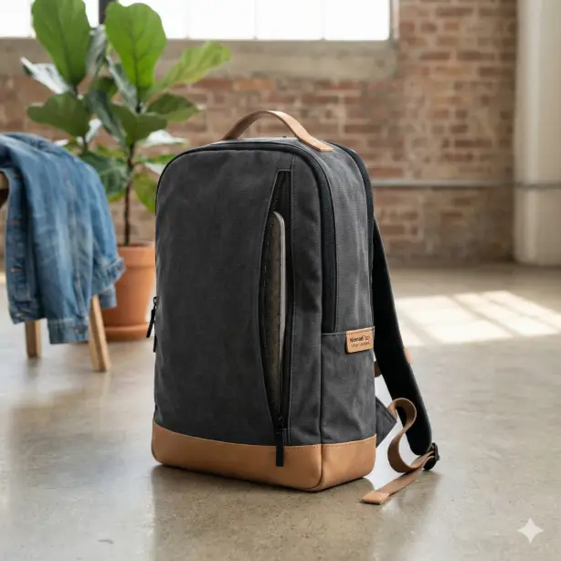 Create a product mockup of a modern minimalist backpack called "NomadPack Urban Daypack" in a washed charcoal canvas with matte black zippers and tan leather bottom panel and strap accents, the bag standing upright with the front pocket slightly unzipped revealing a slim laptop sleeve inside, placed on a polished concrete floor with a potted fiddle leaf fig and a folded denim jacket in the soft background, clean natural lighting from a large overhead source with soft even shadows, neutral urban loft environment with exposed brick blurred behind, shot from a three-quarter angle at eye level capturing the bag's profile and front details, urban and functional aesthetic with a palette of charcoal, tan leather, matte black, and warm concrete gray, lifestyle accessories photography style. Use aspect ratio 1:1.