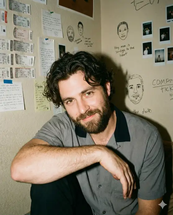 Create a warm, intimate indoor portrait of a man sitting casually against a textured beige wall, photographed at close range. He leans slightly forward with a relaxed posture, one knee drawn up, creating an informal, lived-in feel. He has tousled, voluminous dark hair with a slightly messy, effortless style, and a full, neatly shaped beard. His expression is calm and subtly playful, with a soft half-smile and direct eye contact that feels personal and unguarded. He wears a short-sleeve textured button-up shirt in muted grey with a darker collar, simple and understated. The lighting is direct and slightly harsh, similar to on-camera flash or strong single-source indoor lighting, creating visible shadows on the wall and giving the image a candid, documentary feel. The background wall is decorated with taped ticket stubs, small notes, doodles, and Polaroid-style photographs pinned casually, suggesting personal memories and creative chaos. Hand-drawn faces, speech bubbles, and scribbles add personality and storytelling to the scene, making the environment feel intimate and real rather than staged. Color palette is warm and slightly desaturated, with subtle grain and a nostalgic, film-like texture. Use aspect ratio 4:5.