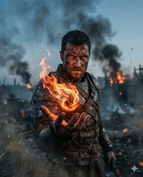 Create a dramatic, ultra-cinematic fantasy portrait of a battle-worn man standing in a smoky, war-torn environment at dusk. He has rugged features, a strong jawline, intense expression, and glowing ember-orange eyes that radiate supernatural power. His gaze is fierce and focused, locked forward with determination and restrained fury. He extends one hand toward the camera, palm open, conjuring a swirling mass of fire above it. The flames spiral and twist dynamically, shedding glowing sparks and embers that streak through the air. The fire casts a warm orange glow onto his face, hand, and armor, contrasting sharply with the cool, smoky blue-gray background. He wears dark, weathered leather armor with straps and metal fastenings, scorched and worn from battle. Smoke billows behind him, with faint silhouettes of fire and destruction in the distance, enhancing the apocalyptic atmosphere. Lighting is cinematic and high-contrast: fiery key light from below and the side, subtle rim light outlining his hair and shoulders, deep shadows adding depth and realism. Shallow depth of field keeps the focus on the face and flaming hand, while embers float through the frame. Hyper-realistic textures, cinematic color grading, dramatic fantasy realism, epic storytelling composition, VFX-quality fire effects, intense emotional presence. Use aspect ratio 4:5.