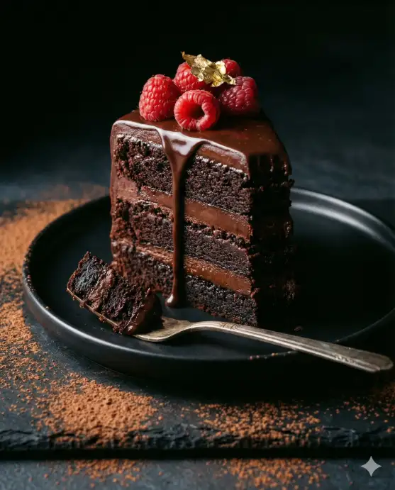 Create a realistic photo of a single slice of layered dark chocolate cake on a matte black ceramic plate. The cake has three moist layers with dark chocolate ganache between each, topped with a glossy ganache drip running down the side and a few fresh raspberries and a small gold leaf as garnish. A fork rests on the edge of the plate with a small bite already taken from the tip of the slice, showing the dense, fudgy interior. The surface is a dark slate countertop with cocoa powder lightly dusted around the plate. The camera is at a low angle, almost table level, shooting slightly upward. Dramatic side lighting from the left with deep shadows on the right creating a chiaroscuro effect. Dark, moody color palette with deep browns, blacks, and pops of red from the raspberries. Shot with a 90mm macro lens. Use aspect ratio 4:5.