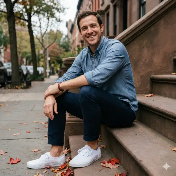 Create a portrait of a man in his late 20s with light skin and green eyes, smiling warmly with laugh lines visible, sitting on the front steps of a brownstone building with his elbows resting on his knees in a relaxed lean-forward posture, wearing a well-worn chambray blue button-down shirt with rolled sleeves and dark fitted chinos with clean white sneakers, a simple braided leather bracelet on his wrist, short sandy brown hair with a natural side part, autumn leaves scattered on the steps and a blurred tree-lined street behind him, soft overcast fall light providing even gentle illumination, shot from eye level as a full body seated shot, friendly and down-to-earth mood with warm autumnal tones of blue rust and golden brown, natural candid photography style. Use aspect ratio 1:1.