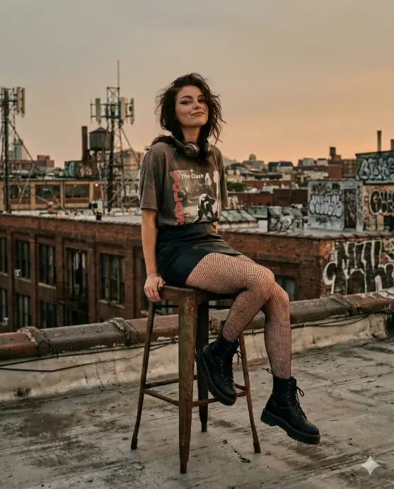 Create a photo of a young woman perched on a tall metal stool on an industrial rooftop, one foot on the stool rung and the other dangling. She is wearing an oversized vintage band t-shirt tucked loosely into a black leather mini skirt with fishnet stockings and chunky black combat boots. She has bold winged eyeliner and is holding a pair of retro headphones around her neck. Her expression is effortlessly cool with a slight smirk. The background features a raw industrial cityscape with exposed brick buildings, metal antenna towers, graffiti-tagged walls, and a hazy orange-gray sky at dusk. The camera is at eye level, slightly off-center for an asymmetrical composition. Grungy, warm, desaturated tones with high contrast. Shot with a 35mm lens, editorial street style aesthetic. Use aspect ratio 4:5.