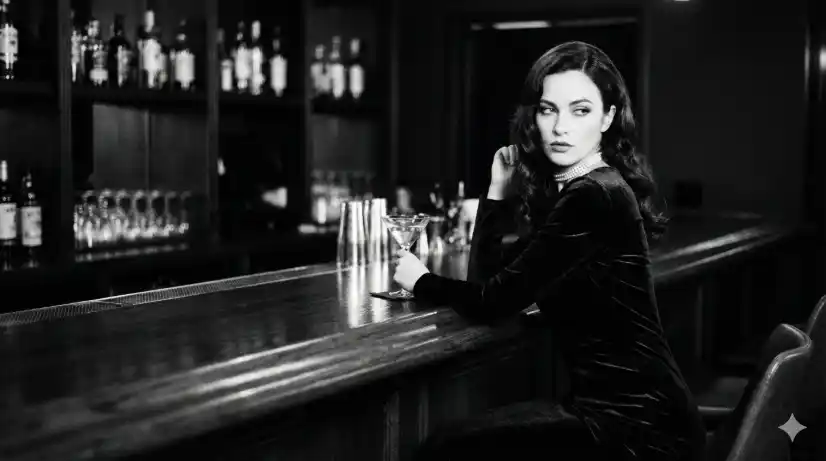 Create a black-and-white film noir photo of a woman sitting alone at the end of a dimly lit cocktail bar, her body turned slightly away from the camera with one elbow resting on the polished wooden bar top and a martini glass in her other hand. She is wearing a long-sleeved black velvet dress with a deep V neckline and a pearl choker necklace. Her dark hair falls in smooth, glossy waves past her shoulders. Her lips are dark and her expression is cool and unreadable, eyes glancing sideways toward the camera. The camera is positioned at bar height, shooting from a few seats away to create a voyeuristic perspective. Bottles and glasses on the back shelf catch faint reflections. High contrast black-and-white with a film grain texture. Shot with a 50mm lens. Use aspect ratio 16:9.