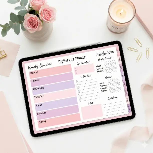 Create a product mockup of an iPad with an Apple Pencil resting on top displaying a digital planner called "PlanHer 2026 Digital Life Planner" showing a weekly spread view with pastel pink and lilac color-coded sections, habit tracker checkboxes, a gratitude journal box, and handwritten-style font headers, the tablet lying flat on a white desk with a small floral arrangement, a scented candle, and gold paper clips arranged neatly around it, bright soft overhead lighting with no shadows, feminine and organized styled flat lay background in white and blush tones, shot from a direct top-down bird's eye perspective, aesthetic and goal-oriented mood with a palette of pastel pink, lilac, gold, and white, digital product flat lay photography style. Use aspect ratio 1:1.