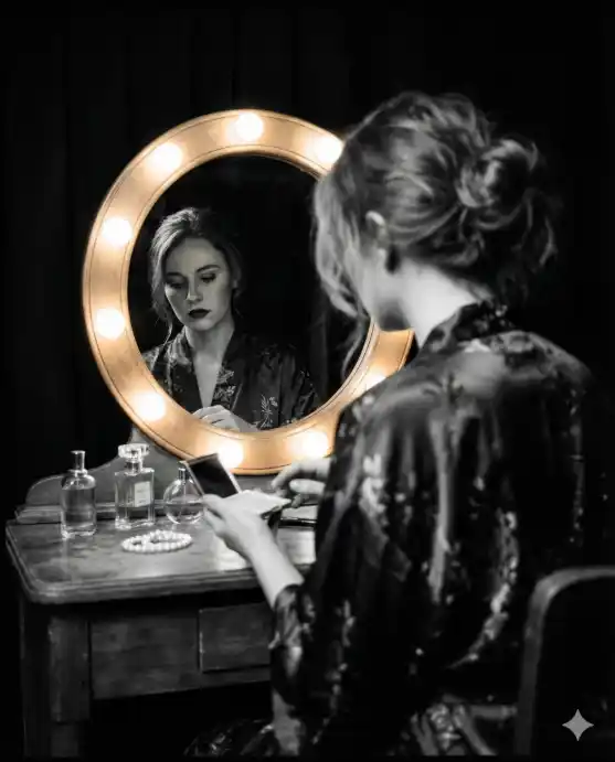 Create a black-and-white film noir photo of a woman sitting at a vintage vanity table in a small, dark dressing room, looking at her own reflection in a round mirror lined with small exposed bulbs. She is wearing a silk robe loosely tied at the waist with her hair pinned up in a messy updo and dark lipstick. One hand is holding an open compact powder case and the other rests on the table near scattered perfume bottles and a pearl bracelet. Her reflected expression in the mirror is pensive and slightly melancholic. The camera is behind her right shoulder, capturing both the back of her head and her face in the mirror. The bulbs around the mirror provide the only light, casting warm highlights on her skin while the rest of the room dissolves into shadow. Soft, moody black-and-white with rich tonal range and gentle grain. Shot with a 50mm lens, shallow depth of field focusing on the mirror reflection. Use aspect ratio 4:5.