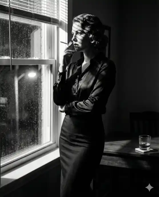 Create a black-and-white film noir portrait of a woman in her early 30s standing beside a rain-streaked window at night, her body angled slightly toward the glass with one hand raised near her lips holding a thin cigarette. She is wearing a fitted black satin blouse tucked into a high-waisted pencil skirt with sheer black stockings and pointed heels. Her hair is styled in soft finger waves pinned to one side. Her expression is distant and guarded, eyes looking through the window. The camera is positioned at chest height, shooting from a three-quarter angle. Harsh light from a single source outside the window casts sharp diagonal shadows of venetian blinds across her face and body. The background is a dark, barely visible room with the faint outline of a desk and a glass of whiskey. High contrast black-and-white with deep blacks and blown-out highlights. Shot with an 85mm lens, shallow depth of field. Use aspect ratio 4:5.