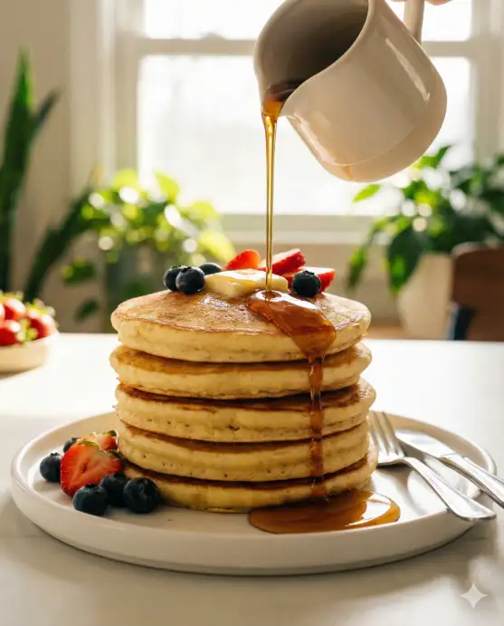 Create a realistic photo of a tall stack of five thick, fluffy golden-brown pancakes on a round white ceramic plate. A pat of butter sits melting on top, and a small ceramic pitcher is caught mid-pour, with a thick stream of amber maple syrup cascading down the side of the stack and pooling on the plate. A few fresh blueberries and sliced strawberries are scattered on top and around the base of the stack. A fork and knife rest on the side of the plate. The setting is a bright kitchen table with a blurred window and green plants in the background. The camera is at table level, shooting slightly upward at the stack with a shallow depth of field focused on the syrup pour. Warm, bright morning light from the window behind. Golden, warm, cozy color palette. Shot with a 50mm lens. Use aspect ratio 4:5.