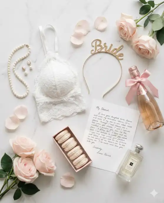 Create a flatlay photo of bridal shower essentials arranged on a white marble surface, including a white lace bralette, pearl jewelry, a gold "Bride" headband, a mini champagne bottle, pink roses, white macarons, a handwritten love letter, perfume bottle, and scattered rose petals, overhead shot from directly above, soft even lighting with no harsh shadows, clean minimalist aesthetic, styled product photography, 50mm macro lens, f/4.0. Use aspect ratio 4:5.