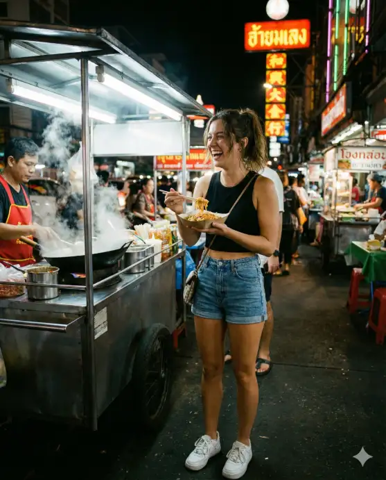 Create a candid nighttime travel photo of a young woman standing at a street food cart in Bangkok, Thailand. She is holding a small paper boat of pad thai with chopsticks in one hand and laughing while looking down at the food. She is wearing a cropped black tank top, high-waisted denim shorts, and white sneakers with a small crossbody bag. Her hair is pulled into a messy ponytail. The food cart has a bright fluorescent light overhead, and steam rises from the wok behind the vendor. The background shows a busy night market street with colorful signs in Thai script, other food stalls, and blurred pedestrians. The camera is at chest height, slightly angled upward. Warm tungsten light mixed with colorful neon reflections. Shot with a 35mm lens, shallow depth of field, candid street photography style. Use aspect ratio 4:5.