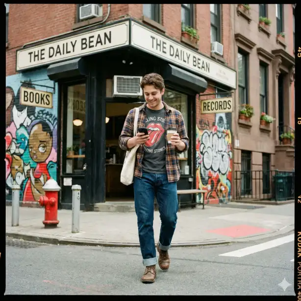 Create a candid street photograph of a creative young man in his mid-20s exiting a corner coffee shop in the East Village. He wears a vintage band t-shirt under an unbuttoned flannel, cuffed raw denim jeans, and worn-in boots. He holds a to-go coffee cup and has a tote bag slung over one shoulder. His posture is casual, looking down at his phone with a slight smile. Shot from across the narrow street at a slight diagonal angle, the background shows colorful graffiti murals, a fire hydrant, vintage signage, and brownstone buildings with plants on window sills. Soft overcast lighting creates even tones. Use aspect ratio 1:1.