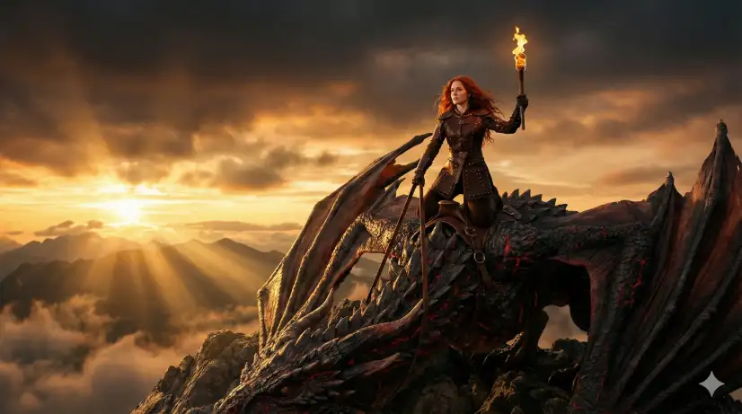 Create a photo of a woman standing on the back of a massive dragon perched on a rocky mountain summit, one hand gripping a leather harness strap and the other raised to the sky holding a flaming torch. She is wearing dark brown leather armor with metal studs, a heavy hooded cloak blowing in the wind, fingerless gloves, and tall buckled boots. Her red hair streams behind her in the wind. The dragon has dark obsidian scales with faint red veins glowing along its wings and spine. The background shows a vast mountain range stretching into the distance, with clouds swirling below the summit and a dramatic orange and gold sunrise breaking through on the horizon. The camera is positioned below, shooting upward to capture the full scale of the dragon and rider against the sky. Warm golden and deep charcoal tones with dramatic volumetric light rays. Shot with a 24mm lens, epic cinematic composition. Use aspect ratio 16:9.