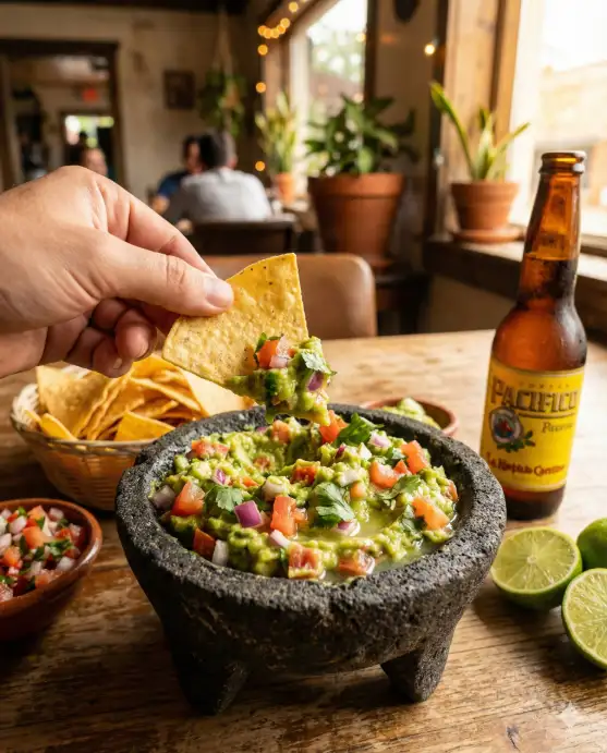 Create a realistic photo of a hand dipping a thick, triangular tortilla chip into a stone molcajete bowl filled with chunky fresh guacamole. The guacamole has visible pieces of diced tomato, red onion, cilantro leaves, and a squeeze of lime juice glistening on top. The chip is half-submerged, scooping up a generous portion. Around the molcajete on a rustic wooden table are more tortilla chips in a woven basket, a small bowl of pico de gallo, lime halves, and a bottle of Mexican beer with condensation on the glass. The camera is at a slight angle above, focused on the dipping action with a shallow depth of field. Warm, natural light from a window with a casual, relaxed cantina atmosphere in the blurred background. Vibrant, warm color palette with greens, reds, and golden tones. Shot with a 50mm lens. Use aspect ratio 4:5.