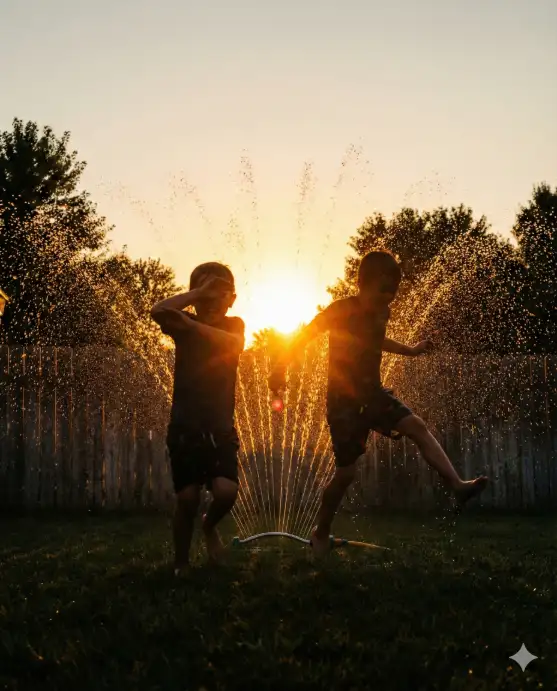 Create a silhouette photo of two young kids running through a garden sprinkler in a backyard during late golden hour, water droplets spraying all around them and catching the sunlight like tiny sparks. One child has their arms up shielding their face while laughing, and the other is mid-leap through the spray with their legs kicked out. The sun is very low behind them, turning the water spray into a glowing curtain of golden light and casting the children as dark, energetic silhouettes. The backyard has a simple wooden fence and a few trees along the edges, all in shadow. The camera is at the children's height, shooting through the spray to capture the backlit water effect. Warm golden and amber tones, joyful, nostalgic summer mood with soft lens flare. Shot with a 35mm lens. Use aspect ratio 4:5.