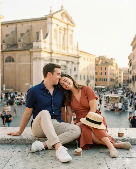 Create a lifestyle travel photo of a couple sitting side by side on the Spanish Steps in Rome during late afternoon. The man is wearing a navy blue short-sleeve button-up shirt, beige chinos, and white leather sneakers, leaning back on his hands. The woman is wearing a terracotta-colored wrap dress and flat espadrilles with a straw hat resting on her lap. She is leaning into him with her head on his shoulder, eyes closed and smiling. Gelato cups sit on the step beside them. The camera is positioned a few steps below them, shooting slightly upward at eye level. Behind them, the Trinita dei Monti church is softly visible with warm golden hour light bathing the entire scene. Rich warm tones with honeyed highlights. Shot with a 50mm lens, medium depth of field. Use aspect ratio 4:5.
