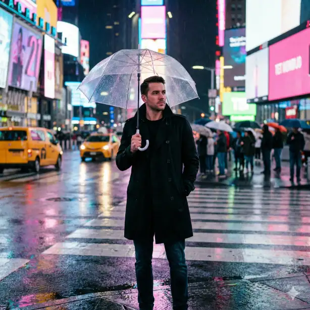 Create a cinematic street photograph of a stylish man in his 30s standing at a crosswalk in Times Square during a rainy evening. He wears a fitted black trench coat, dark jeans, and holds a transparent umbrella above his head. His gaze is directed slightly off-camera with a contemplative expression. Shot from a medium distance at eye level, the wet pavement reflects neon billboard lights in vibrant pinks, blues, and yellows. Blurred yellow taxis and crowds with umbrellas fill the background. Raindrops visible in the air catch the colorful lights. Moody atmosphere with rich contrast between shadows and illuminated signs. Use aspect ratio 1:1.