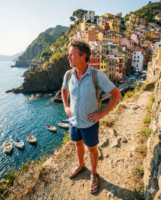 Create a travel photo of a man standing on a rocky cliffside trail between the villages of Cinque Terre, Italy, pausing to look out at the sea with his hands on his hips. He is wearing a light blue chambray short-sleeve shirt, navy swim trunks, and worn trail sandals with a small daypack on his back. His skin is slightly sunburned and his hair is damp with sea salt. Behind him, one of the colorful villages with stacked houses in red, yellow, and pink clings to the steep green hillside above the deep blue Ligurian Sea. A few small boats float in the cove below. The camera is slightly below him on the trail, angled upward to capture both him and the village. Bright, warm afternoon light with vivid Mediterranean colors and high contrast. Shot with a 28mm lens, wide-angle adventure travel aesthetic. Use aspect ratio 4:5.