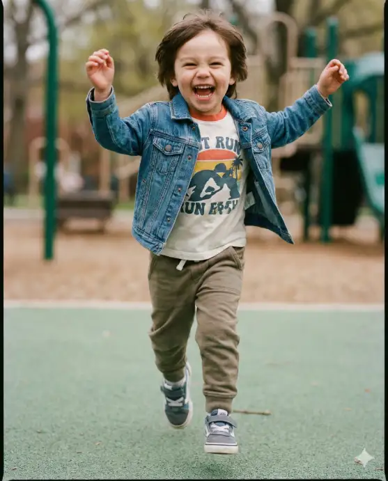 Create a candid laughing portrait of a child in motion, captured mid-giggle while slightly jumping or running toward the camera. The child's posture is energetic and playful, arms slightly lifted, eyes bright, and mouth open in pure laughter. Outfit includes casual modern clothing like a denim jacket over a graphic t-shirt, comfortable pants, and sneakers. Shot from a low camera angle to emphasize joy and movement, using fast shutter look with soft background blur. Natural daylight with gentle shadows. Background is an outdoor playground or open park with muted colors to keep focus on the child, styled like a lifestyle Instagram photo. Use aspect ratio 4:5.