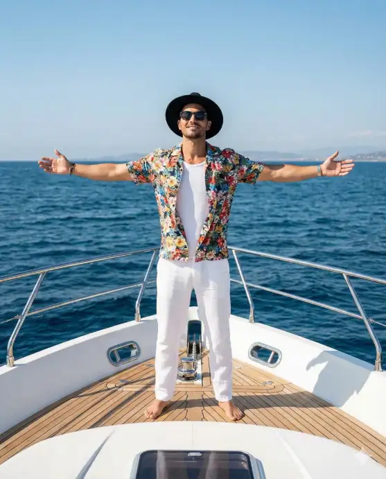Create a vibrant lifestyle portrait of a stylish man standing barefoot at the bow of a luxury yacht, surrounded by open ocean under a bright daytime sky. He stands confidently with one leg crossed casually over the other, arms fully outstretched as if embracing the sea breeze. His posture conveys freedom, joy, and relaxed confidence. He wears a colorful tropical floral short-sleeve shirt worn open over a light inner layer, paired with crisp white linen trousers. Accessories include dark sunglasses and a wide-brim black hat, adding a fashionable, resort-ready look. His hair is styled neatly yet naturally, and his expression is serene and content, with his face turned slightly upward toward the sun. The environment is a deep blue ocean stretching to the horizon, with gentle waves and a distant coastline faintly visible. The yacht's clean white deck and polished metal railings frame the subject symmetrically, emphasizing balance and elegance. Lighting is natural and sunlit, with soft shadows and vibrant colors. Use aspect ratio 4:5.