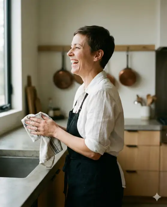 Create a candid portrait of a woman in her 40s with short pixie haircut laughing while cooking in a modern minimalist kitchen, wearing a casual white button-up shirt with sleeves rolled up and black apron. She's mid-motion, wiping her hands on a kitchen towel. Shot from a side angle at waist level, capturing her profile and genuine smile. Natural window light from the left creates soft shadows. Background shows sleek kitchen counters and hanging copper pots slightly out of focus. Warm, homey atmosphere with neutral color palette. Use aspect ratio 4:5.