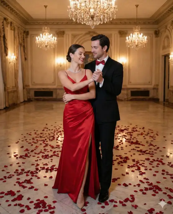 Create an elegant photo of a couple dancing in a grand ballroom with crystal chandeliers and marble floors scattered with red rose petals. The woman wears a floor-length red satin gown with a dramatic slit and statement diamond necklace, hair styled in an elegant chignon. The man wears a classic black tuxedo with a red bow tie and pocket square. Shot from a medium distance at waist height capturing their full formal attire and elegant posture. Soft, diffused chandelier light creates glamorous illumination with subtle sparkle. The couple is captured mid-waltz, the woman's dress flowing gracefully as the man leads with one hand on her waist, the other holding her hand extended. Luxurious color grading with rich blacks and vibrant reds. Use aspect ratio 4:5.