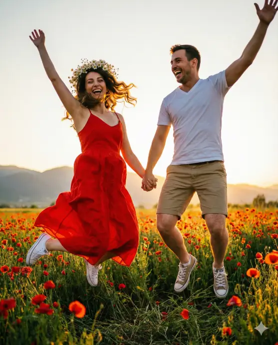 Create a dynamic photo of a couple jumping together in a field of red poppies during golden hour with mountains visible in the distance. The woman wears a flowing red sundress with white sneakers and a flower crown made of daisies and baby's breath. The man wears khaki shorts and a white v-neck t-shirt with canvas sneakers. Shot from a low angle at the moment of peak jump height showing them airborne. Warm golden hour backlighting creates a halo effect around them. The couple jumps holding hands with arms raised, both mid-laugh with genuine expressions of joy, hair and dress flowing with the motion. Vibrant, energetic color grading with enhanced warm tones and saturated florals. Use aspect ratio 4:5.