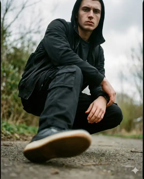 Create a cinematic low-angle portrait of a young man crouching outdoors, captured from near ground level to create a powerful, dynamic perspective. One of his feet is closer to the lens, slightly out of focus, adding depth and a bold foreground element. His posture is relaxed yet assertive, one arm resting casually over his knee while the other hand loosely holds his wrist. His expression is intense and focused, with steady eye contact directed straight into the camera, conveying quiet confidence and strength. He wears an all-black outfit: a zip-up jacket layered over a dark shirt and relaxed black pants. A black backpack strap runs diagonally over one shoulder, subtly visible and adding an urban, street-style vibe. His shoes are dark with lighter soles, the closest shoe intentionally blurred due to shallow depth of field. The background is softly blurred, suggesting an outdoor setting with muted greenery and open sky. Use aspect ratio 4:5.