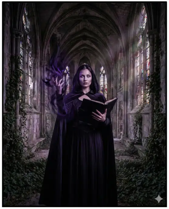 Create a photo of a woman standing at the end of a long aisle inside a ruined gothic cathedral, one hand raised with dark energy swirling around her fingers and the other resting at her side gripping a black leather-bound spellbook. Her expression is commanding and intense, eyes glowing faintly violet. The background shows crumbling stone arches, broken stained glass windows with faint colored light streaming through, overgrown ivy creeping along the pillars, and dust particles floating in the shafts of light. The camera is at eye level, centered down the aisle for a symmetrical composition. Deep blacks, muted purples, and faint warm light accents with dramatic chiaroscuro lighting. Shot with a 35mm lens, gothic editorial style. Use aspect ratio 4:5.