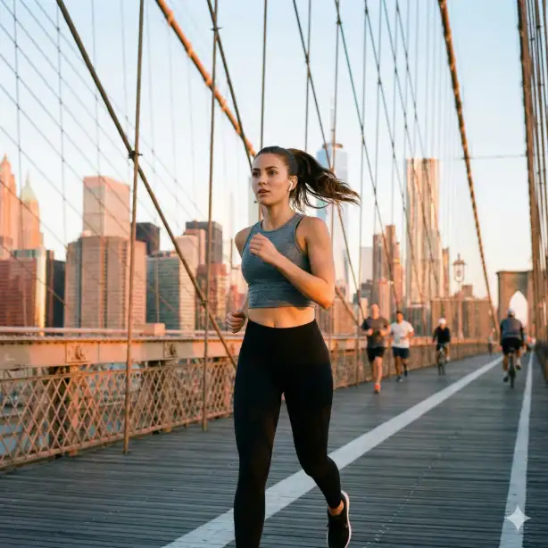 Create a lifestyle photograph of a young professional woman jogging on the Brooklyn Bridge pedestrian path during early morning golden hour. She wears fitted black leggings, a cropped gray athletic top, and wireless earbuds. Her ponytail swings mid-motion, expression focused and determined. Shot from a three-quarter angle slightly ahead of her, the iconic bridge cables create geometric patterns overhead. The Manhattan skyline glows soft orange and pink in the background with One World Trade Center prominent. A few other joggers and cyclists appear blurred in the distance. Crisp morning light with lens flare near the edge of frame. Use aspect ratio 1:1.