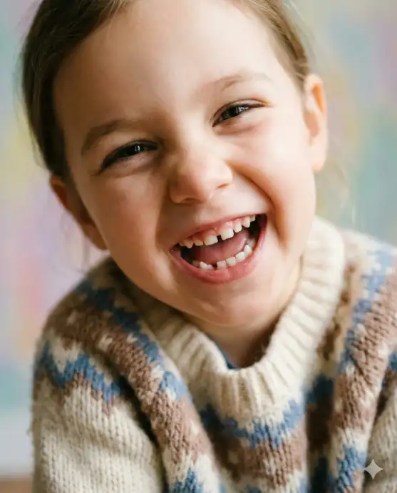 Create a candid laughing portrait of a child captured in a close-up frame, face filling most of the composition, eyes sparkling and mouth open in spontaneous laughter. The child's posture is slightly leaning toward the camera, creating an intimate feel. Wearing a cozy sweater with soft textures and simple patterns. Shot at eye level with a portrait lens look, soft natural light evenly illuminating the face. Background is softly blurred with pastel colors, creating a warm and joyful Instagram aesthetic. Use aspect ratio 4:5.